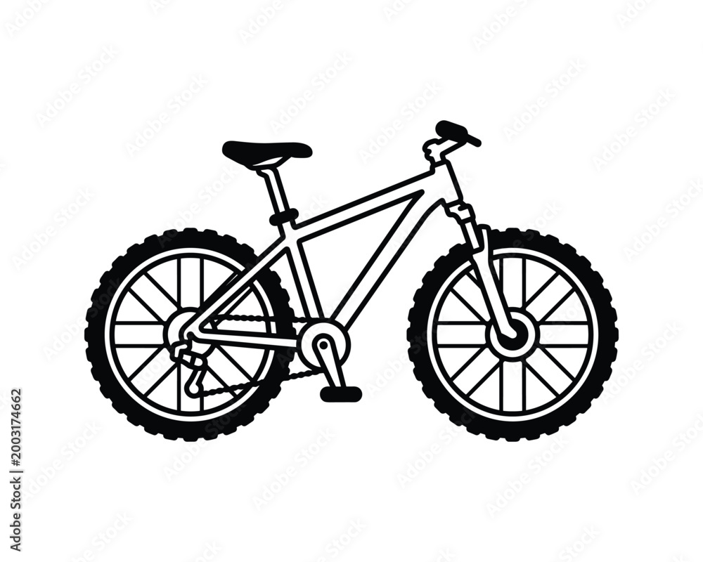 Fototapeta premium Vector outline illustration of a mountain bicycle with knobby tires and front suspension.