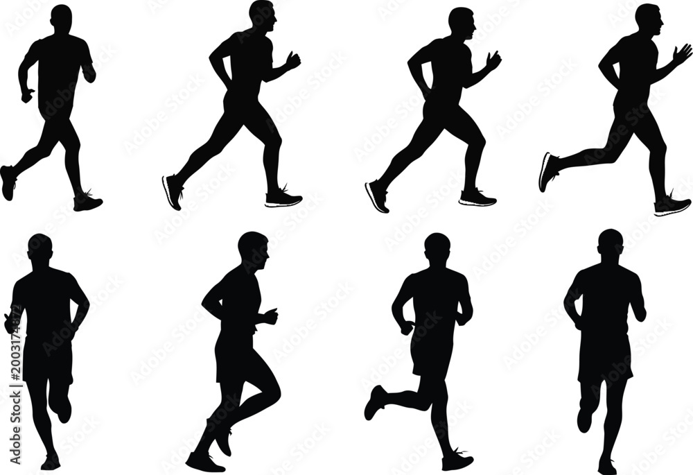 Fototapeta premium Collection of running men silhouettes in various poses against a white background silhouette