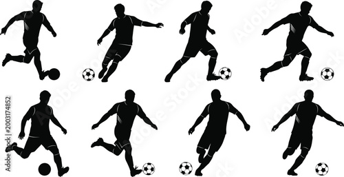 Dynamic soccer players in action poses with footballs a black silhouette on a white background