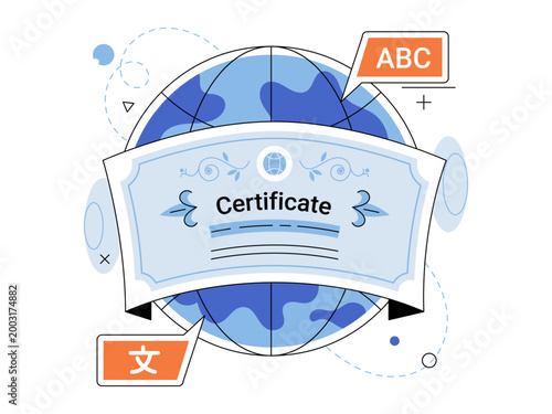 Diploma scroll over a globe with language speech bubbles vector illustration. Global education, foreign language, world study, online learning, school, diploma. Earth planet and certificate