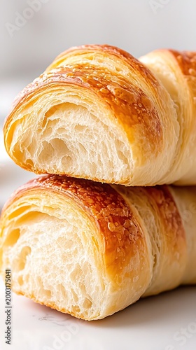 Delicious freshly baked croissants stacked.