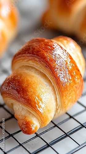 Golden Croissant on Cooling Rack Freshly Baked.