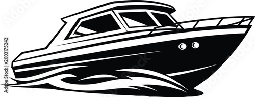 Detailed black silhouette of a speedboat on water with dynamic waves nautical transportation silhouette