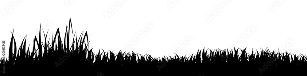 Fototapeta premium Meadow silhouette with grass, plants on plain. Panoramic summer lawn landscape with herbs, various weeds. Herbal border, frame element. Black horizontal banners. Vector illustration