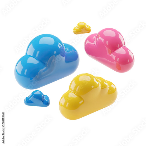 Set of colorful glossy plastic toy clouds on white background.