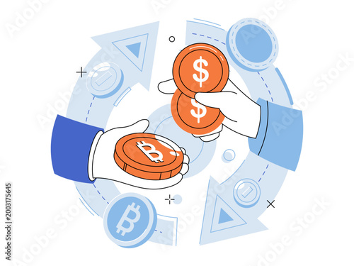 Hands exchanging bitcoin and dollar coins vector illustration. Digital finance, crypto trading, money conversion, online banking, investment, global economy. Arms swapping crypto for cash