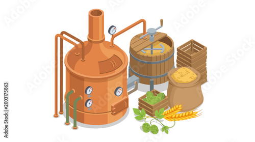 This illustration showcases copper distillation equipment, ideal for brewing beer, with essential components like a mash tun and fermentation vessel highlighted effectively.