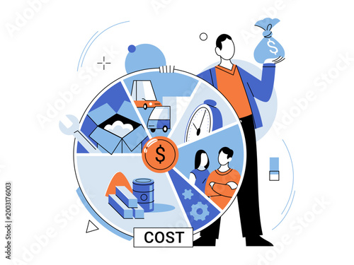 Man holding money bag and cost pie chart vector illustration. Budgeting, expense analysis, financial planning, resource management, business strategy, accounting. Person with cash and diagram