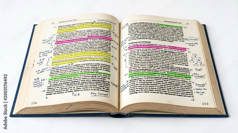 Fototapeta premium Open book with highlighted text and handwritten notes on pages 