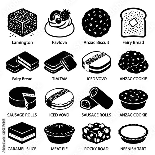  black and white vector silhouette set of australian traditional sweets