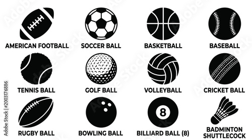  black and white vector silhouette set of ball types