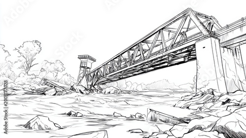 Black and White Sketch of a Bridge Over a Rocky Riverbank Scene
