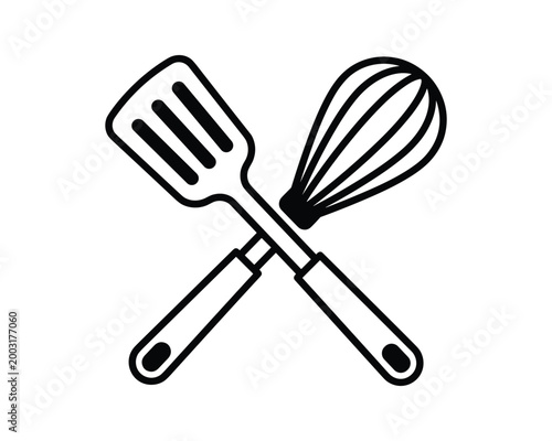 Black outline graphic of a slotted kitchen spatula and whisk crossed.
