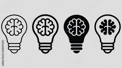 Brain in light bulb icon set. Creative, generating idea, solution, knowledge, lamp - stock graphic.