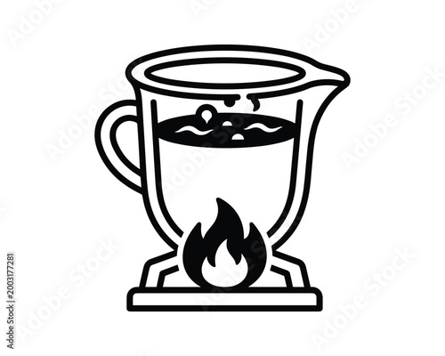 Smelting crucible with boiling liquid over a flame in a simple black vector graphic.