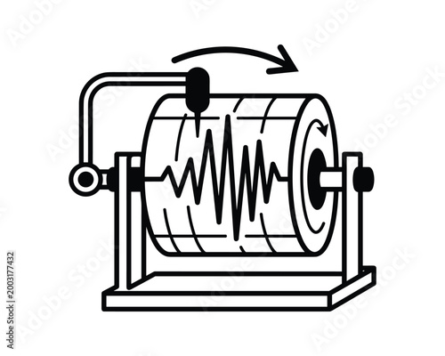 Black and white line art illustration of a seismograph drum recording seismic wave patterns.