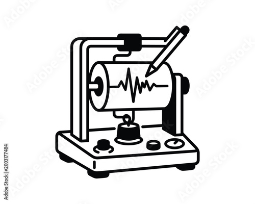 Seismograph machine vector illustration showing a pen drawing earthquake waves on a rotating paper drum.