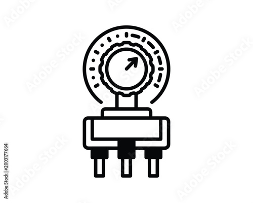 Vector outline rotary potentiometer icon. It features a dial with an arrow and three pins.