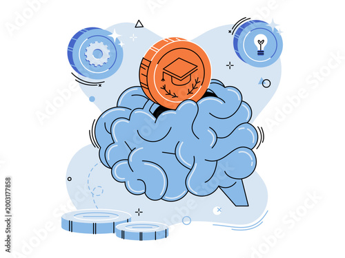 Graduation cap coin enters a human brain vector illustration. Education funding, cognitive growth, student loan, learning, success, academic achievement. Mortarboard token in mind bank