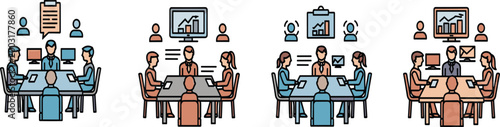 Business Meeting Icon Set Featuring Corporate Team Collaboration Financial Data Presentation Boardroom Discussions and Professional Office Management Graphics