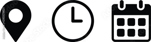 Calendar icon combined with clock and location pin symbols showing time date and address for event banner poster meeting agenda invitation
