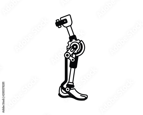 Detailed black and white line art vector illustration of a prosthetic leg with mechanical joints.