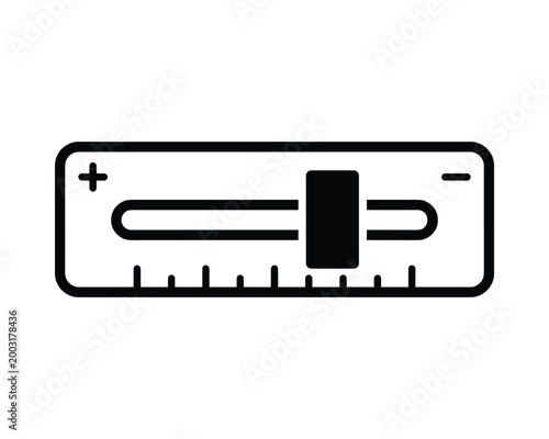 Horizontal potentiometer vector line icon with adjustable slider and plus minus signs.