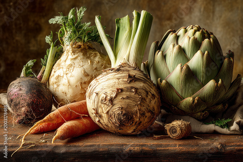 Rustic still life with fresh root vegetables on wooden table. Organic lifestyle and farm-to-table concept. Healthy eating and rustic living. Clean eating and eco lifestyle.