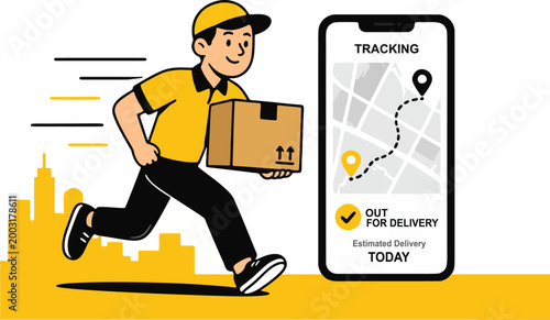 Fast courier delivery tracking package smartphone flat vector illustration