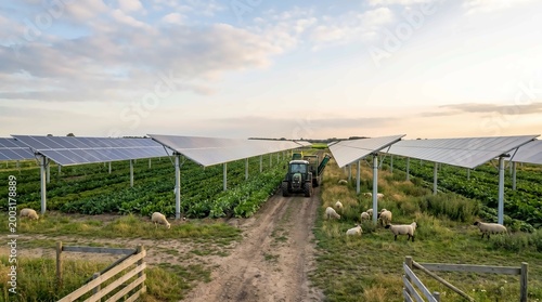 Solar farm with sheep grazing between rows and tractor