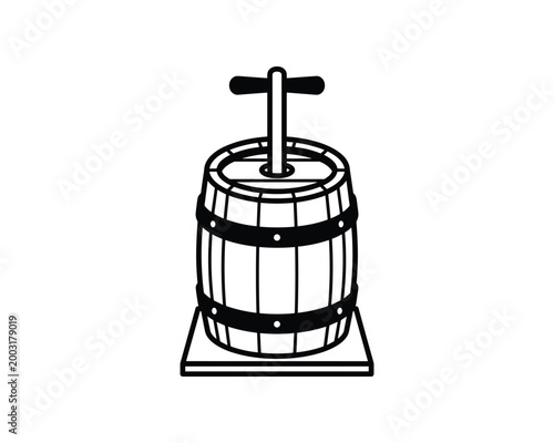 Simple line drawing of a traditional wooden butter churn with a plunger handle.