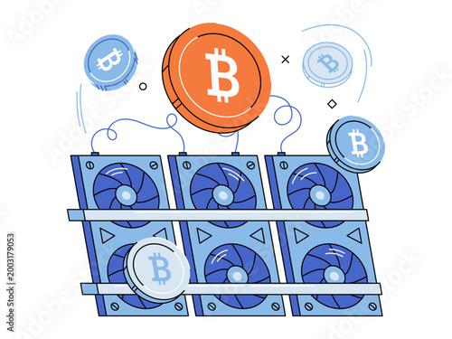 Bitcoin mining rig with fans and coins vector illustration. Blockchain tech, finance, digital currency, crypto farming, fintech, economy. Cryptocurrency processing gear and virtual tokens