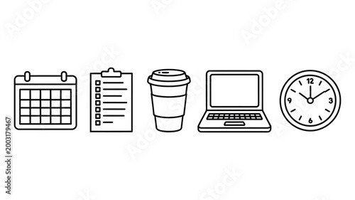 Business planning doodle icons set, hand drawn productivity vector illustration including calendar, checklist, coffee, laptop, and clock, simple sketch style for time management, office tools.