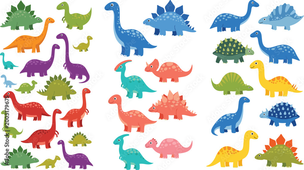 Fototapeta premium Large Colorful Cute Baby Dinosaur Character Flat Vector Illustration Mega Collection Set for Kids Graphic Design
