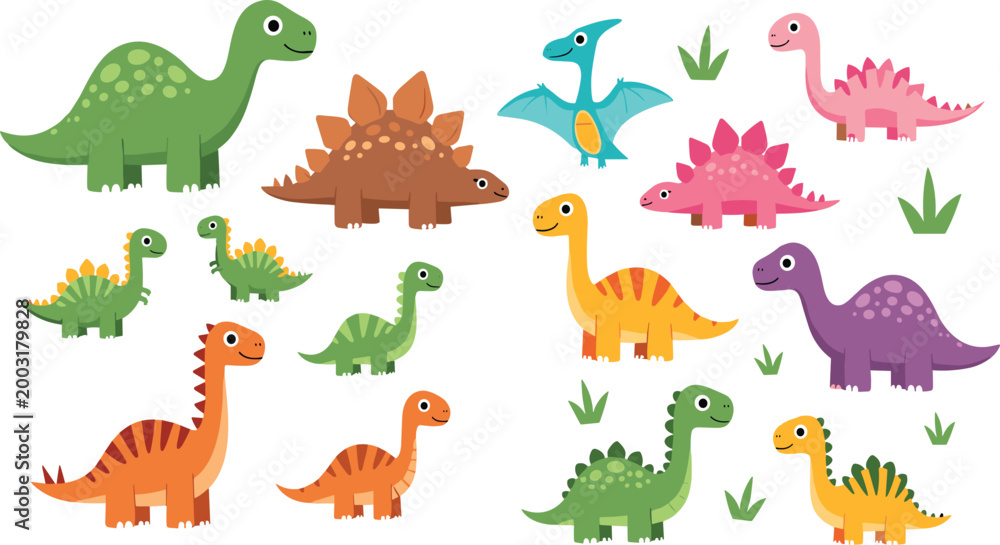 Fototapeta premium Cute Cartoon Dinosaur Collection Flat Vector Illustration Set with Colorful Baby Dinos for Kids Design