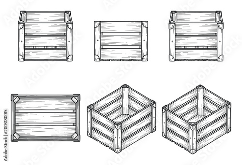 Detailed vector black and white line art illustrations of wooden storage crates shown from multiple angles.