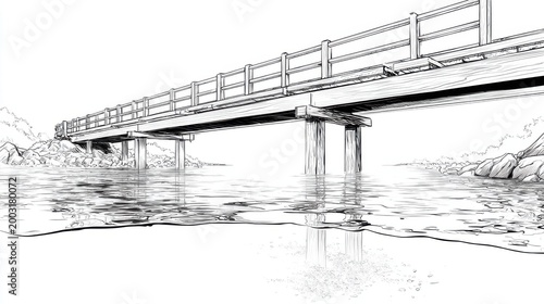 Detailed Sketch of Bridge Over Water with Reflections and Trees
