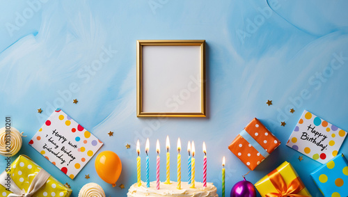 birthday celebration setup with empty photo frame, candles, and colorful confetti on pastel background