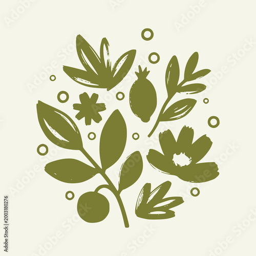 Kombucha Botanical Leaves Vector Illustration Drawing, Rustic Hand-Drawn Ink Brush Stroke Style, Organic Fermentation Bubbles and Folk Art Floral Design for Fermented Tea Packaging and Label 
