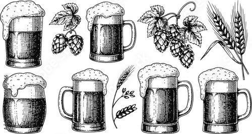 Engraved Beer Mugs with Hops and Wheat Stalks for Brewing Concepts