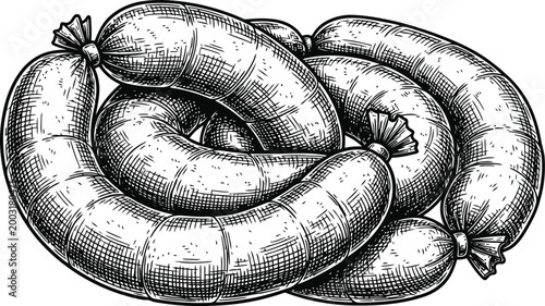 Obraz na płótnie Entwined Sausages in a Textured Engraving Style with Copy Space for Text