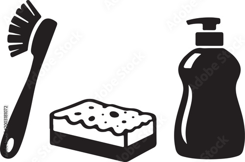 Cleaning supplies including a dish brush sponge dish soap bottle washing up liquid domestic chores scrubber