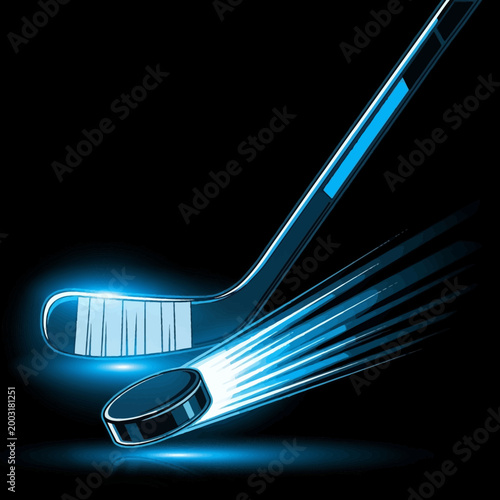 Sticker Hockey stick and puck in motion with blue neon light effects on black background