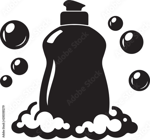 Bottle of dish soap with pump dispenser surrounded by bubbles and suds liquid soap cleaning supplies washing up liquid