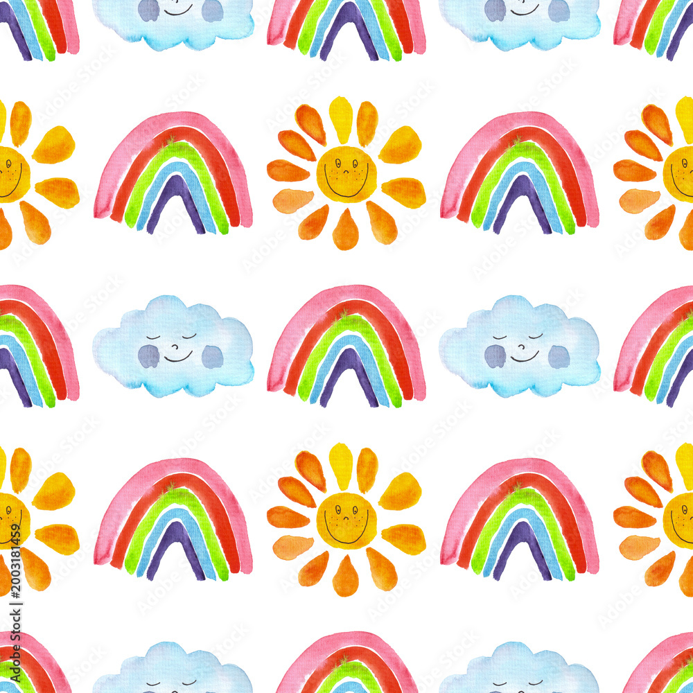 Fototapeta premium seamless pattern of cute sun, rainbow, clouds with faces. Hand painted primitive art. Summer, birthday or Easter concept. Repetitive weather motif