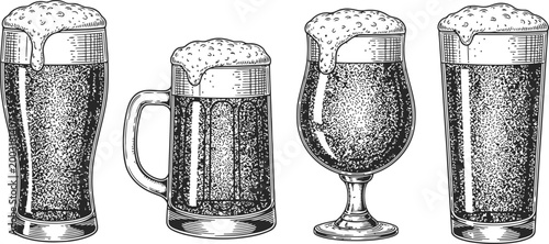 Four different beer glasses filled with dark beer and foam during a studio illustration