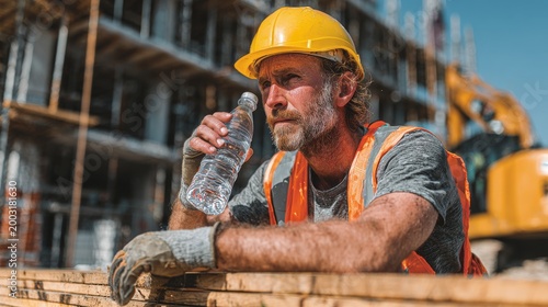 A tired Caucasian man with curly hair drinks water during a break at a construction site in hot summer weather. He wears a yellow hard hat and safety vest.