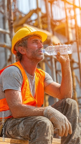 A tired Caucasian man in a yellow hard hat and orange vest drinks water during a summer heatwave at a construction site. He appears exhausted and sweaty.