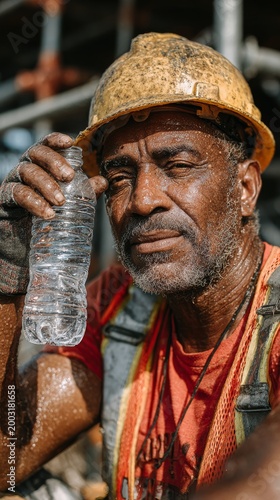 Exhausted African man in a hard hat takes a break during a summer heatwave. He holds a water bottle, showing signs of sweat and fatigue
