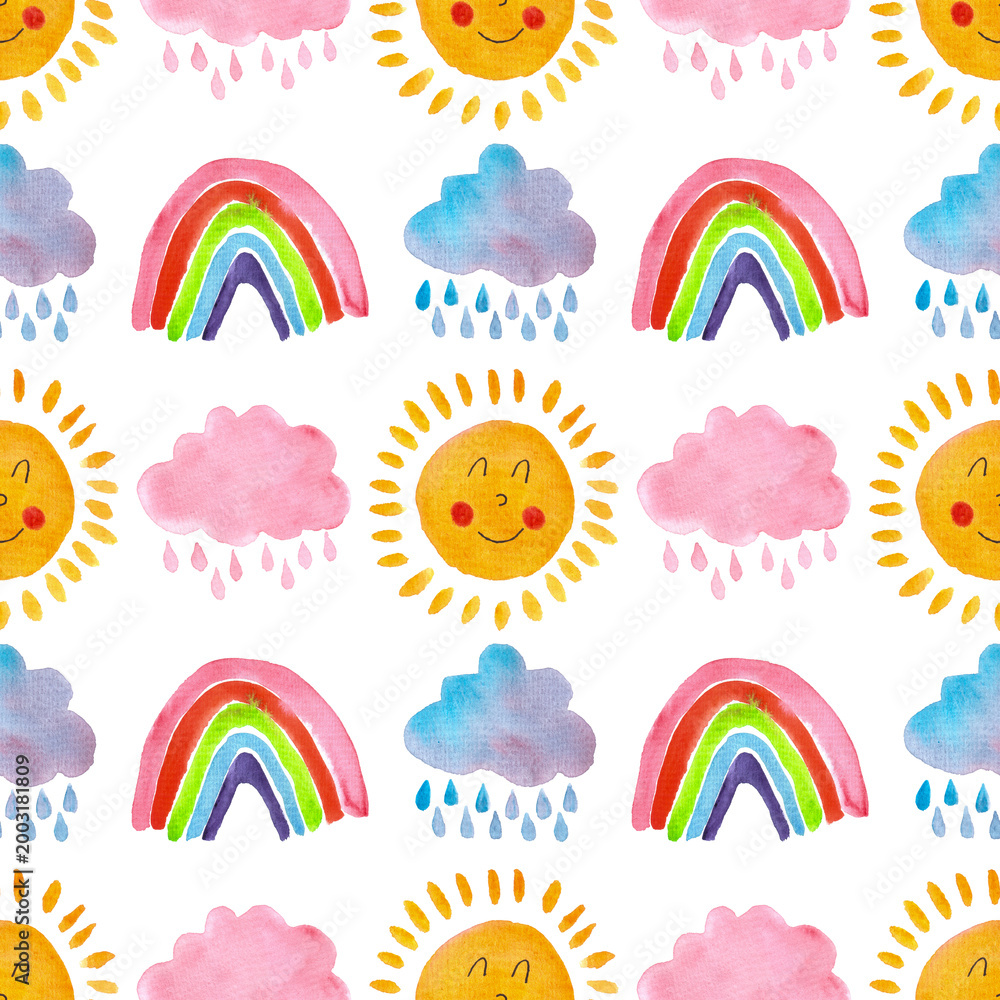Fototapeta premium seamless pattern of cute rainbow, rain clouds, suns with faces. Hand painted primitive art. Summer, birthday or Easter concept. Repetitive weather motif